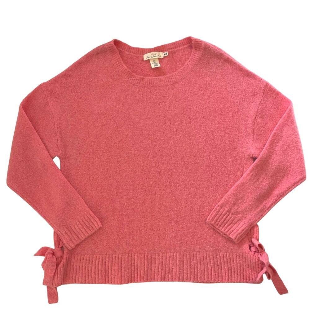 H&M Logg Fuzzy Sweater Womens Size L Pink Orange Hem Ties Work Cozy Long Layer